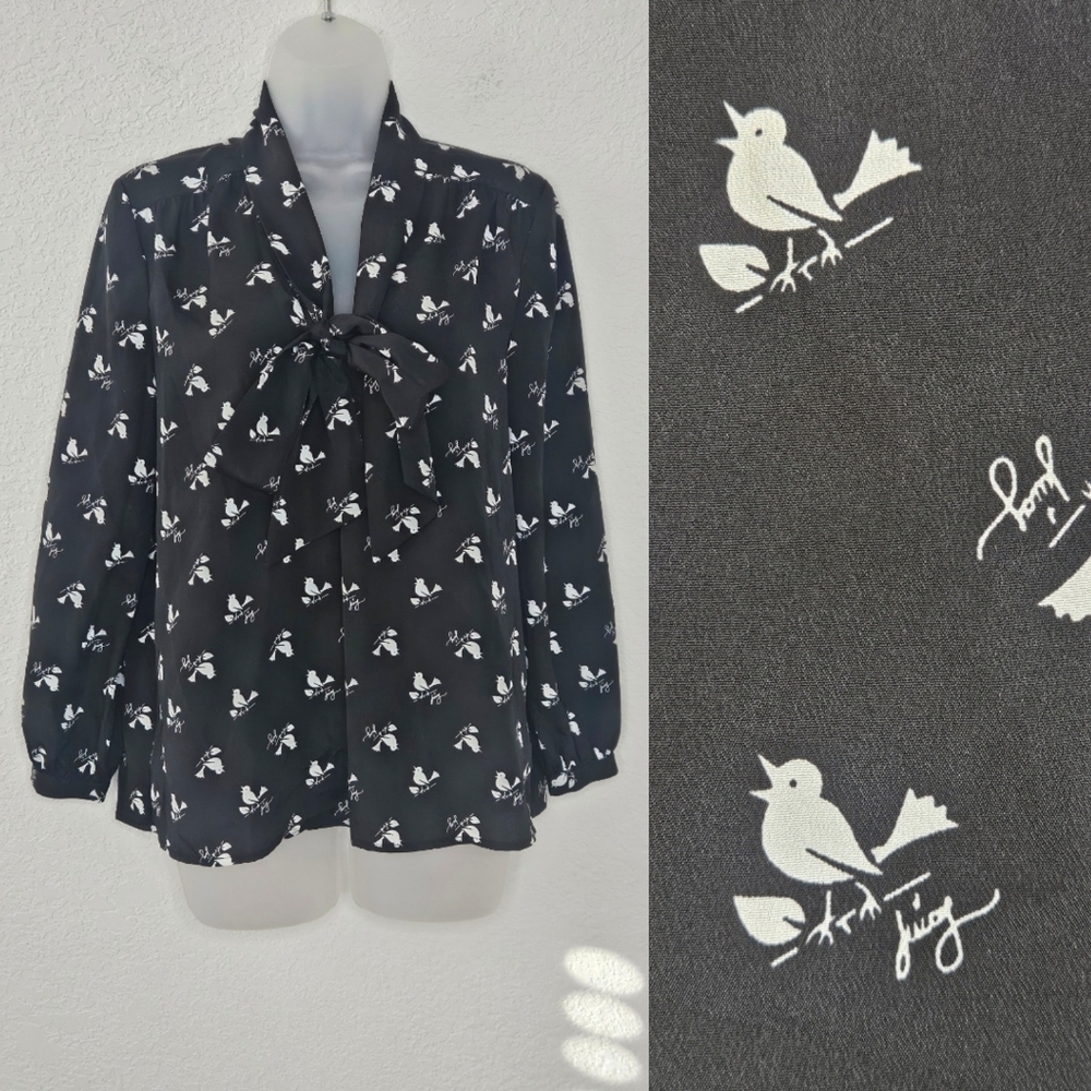 Juicy Couture Black Tie Bow Blouse with Novelty White Bird Print Office Chic